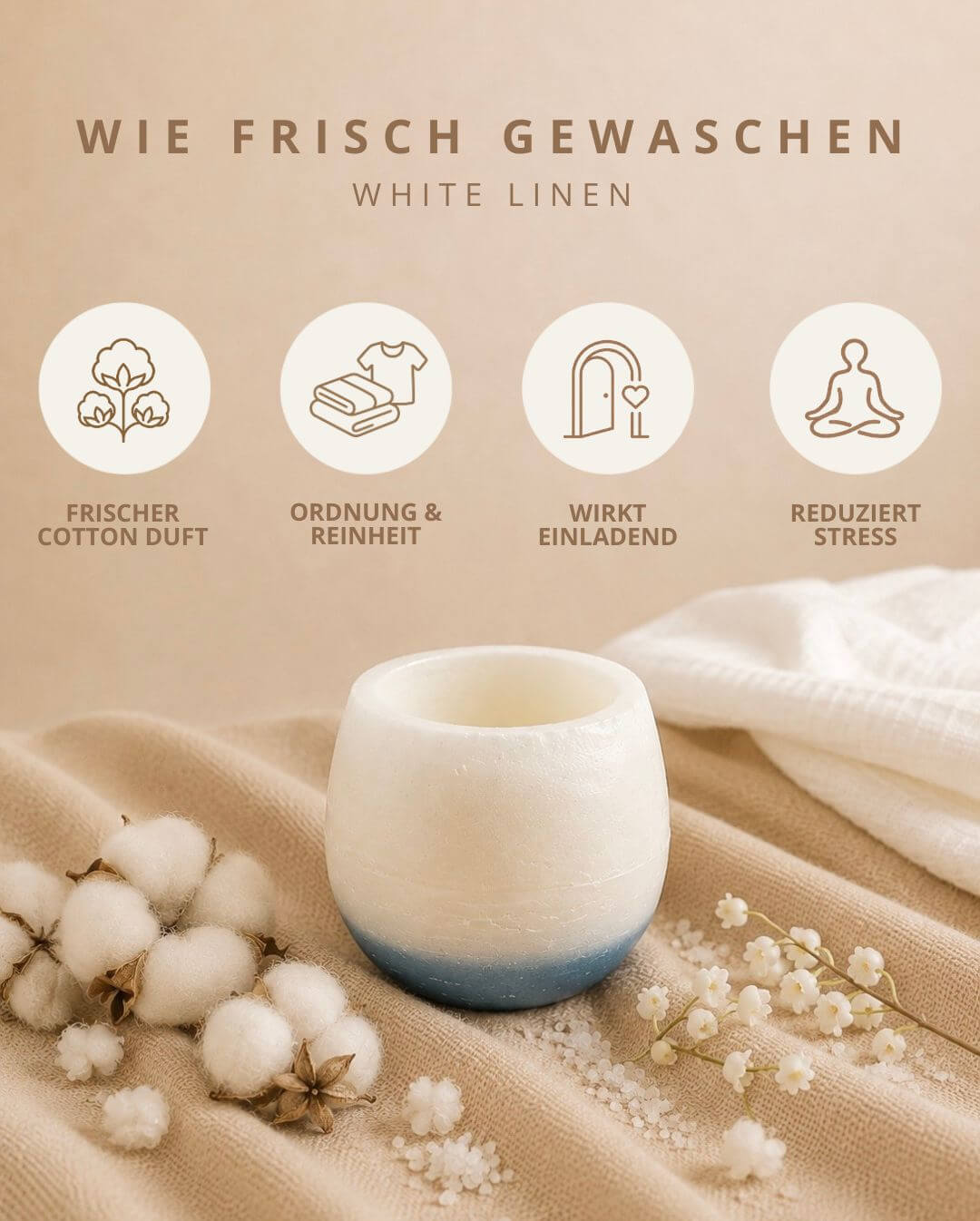 Produktkarte Candiles White Linen Duftwachs mit Duftprofil und Produkteigenschaften