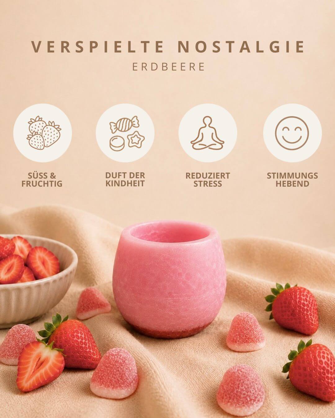 Produktkarte Candiles Erdbeer Duftwachs mit Duftprofil und Produkteigenschaften