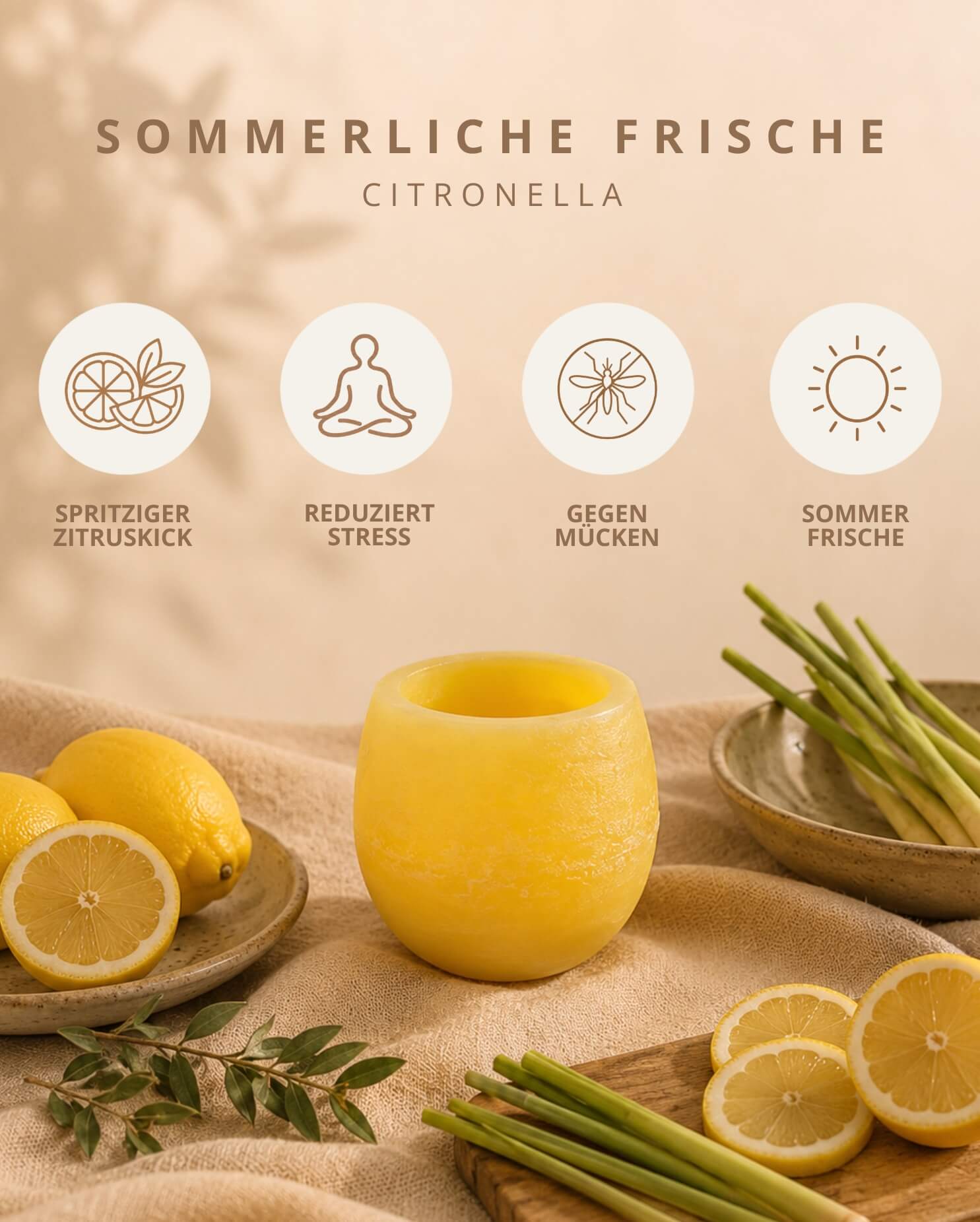 Produktkarte Candiles Citronella Duftwachs mit Duftprofil und Produkteigenschaften