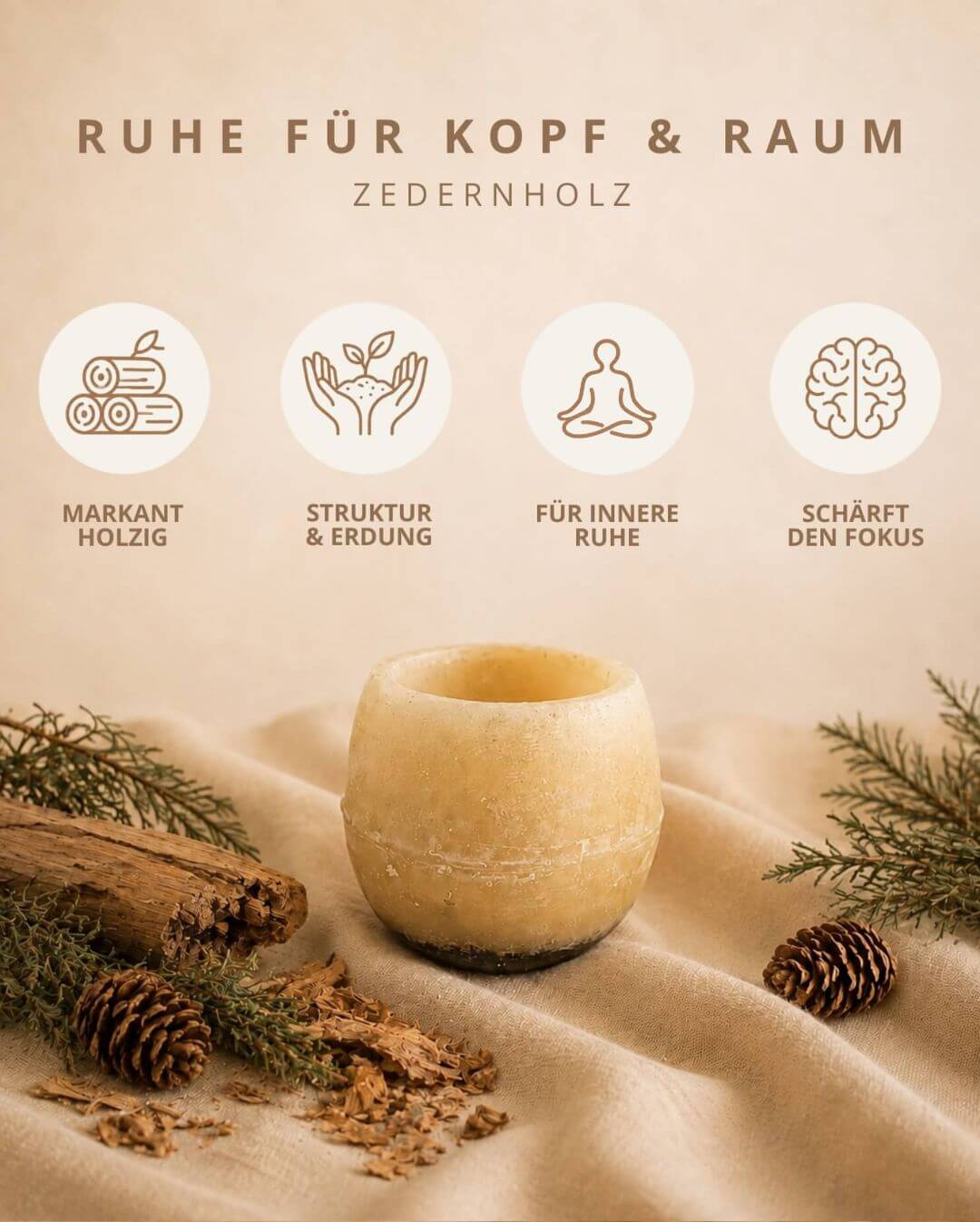 Produktkarte Candiles Zedernholz Duftwachs mit Duftprofil und Produkteigenschaften