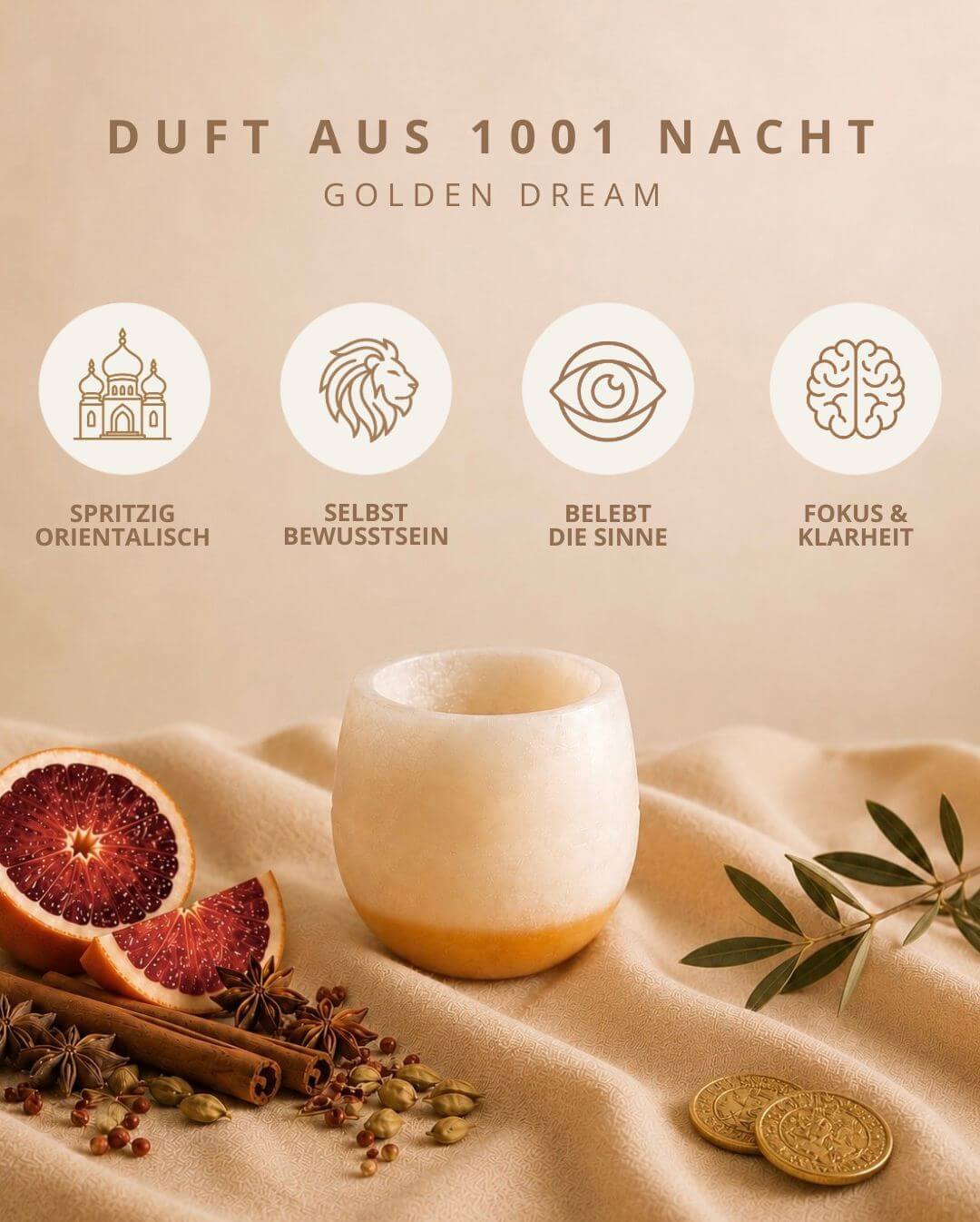 Produktkarte Candiles Golden Dream Duftwachs mit Duftprofil und Produkteigenschaften